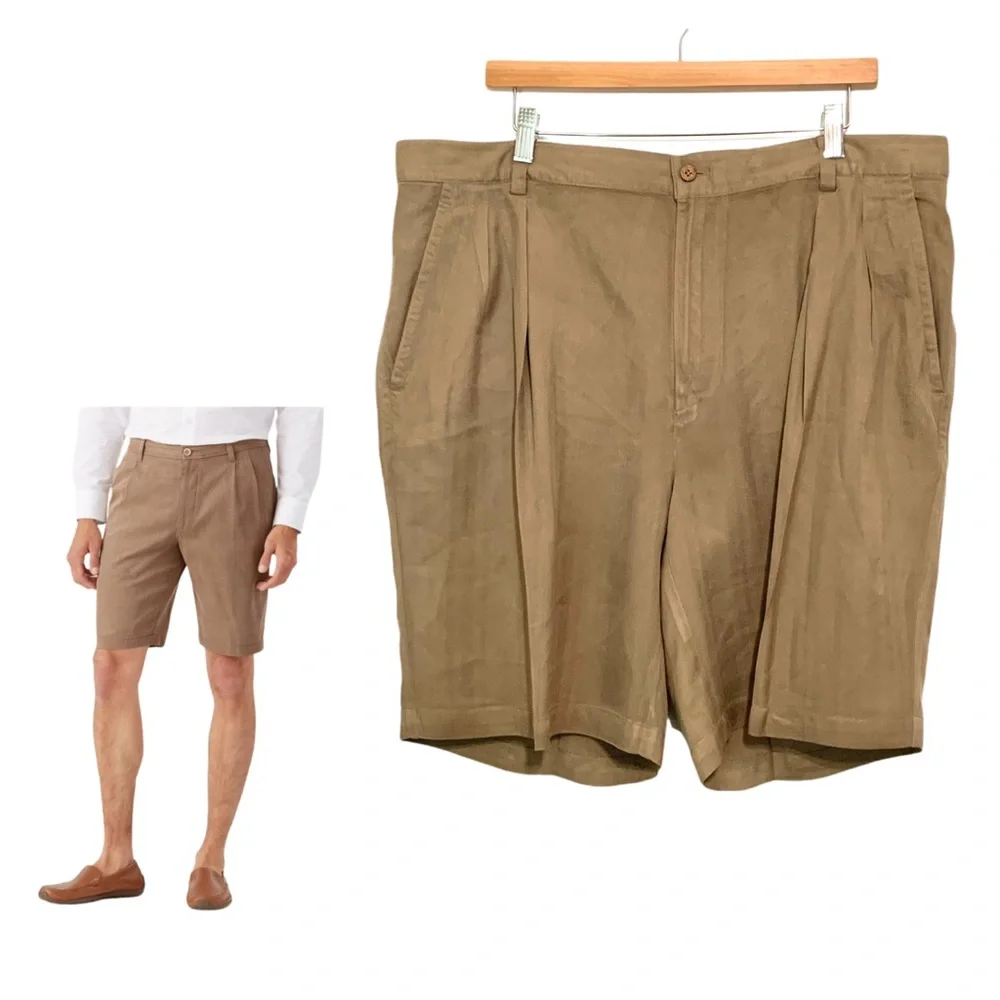 Tommy Bahama Taupe Havana Herringbone Pleated Silk Shorts Size 40 9” Inseam
